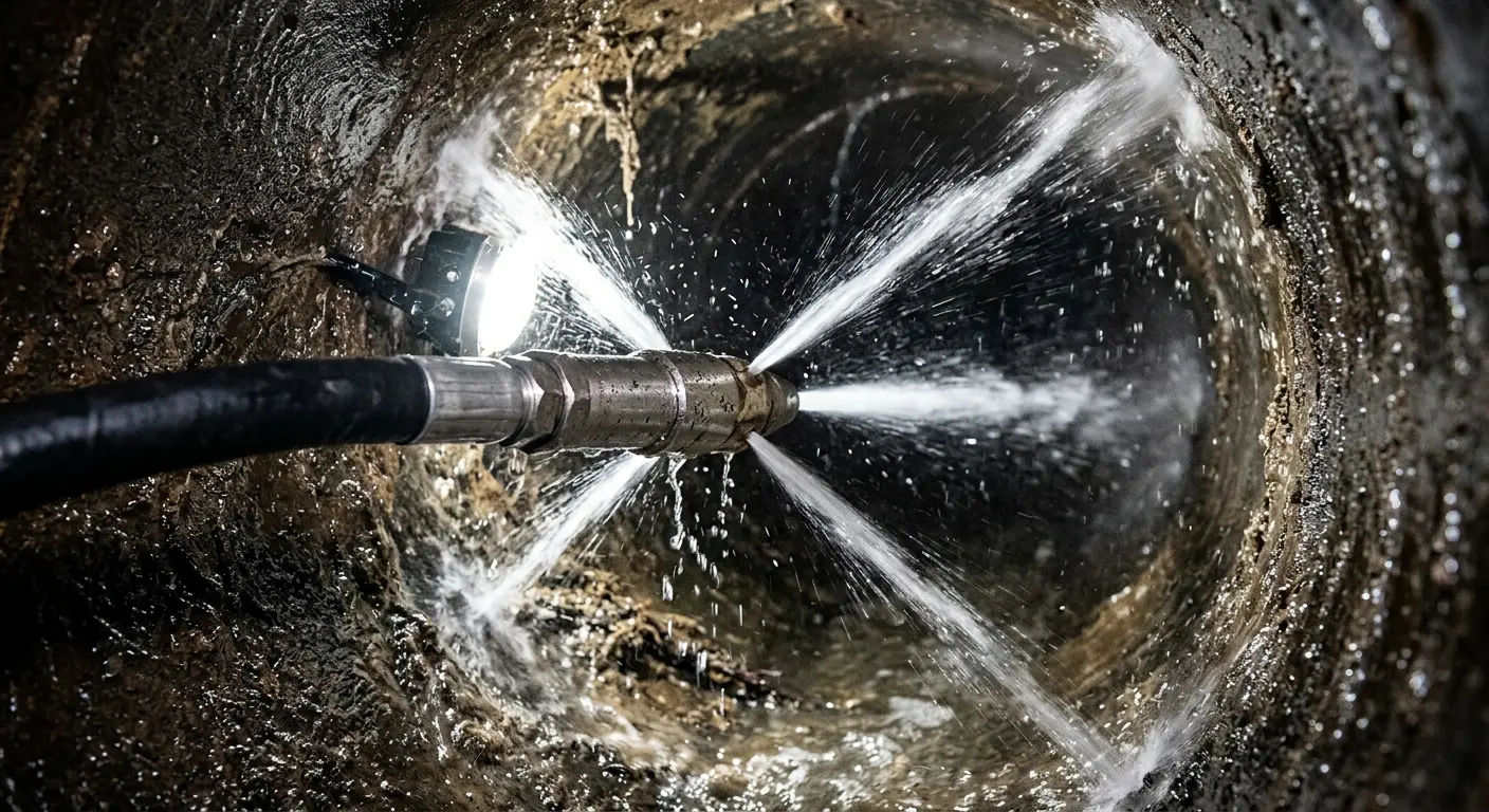 High-pressure hydro jetting nozzle cleaning sewer pipe for Sewer Cleanout in Huntley