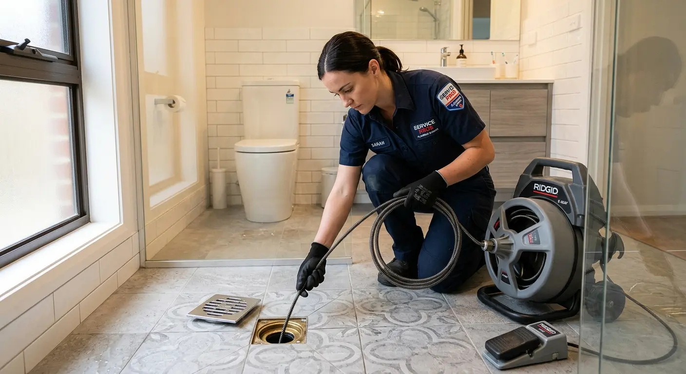 Technician clearing a bathroom floor drain for Hydro Jetting in Huntley